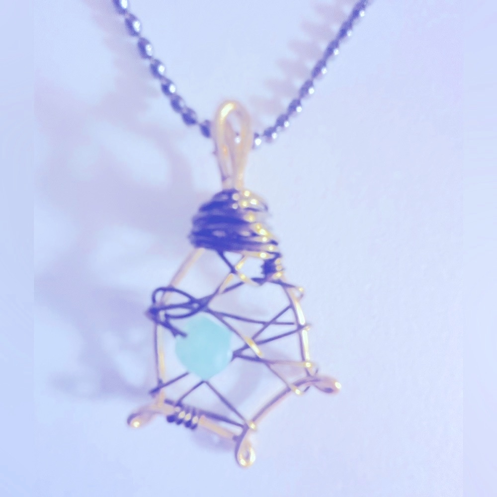 Necklace Amazonite stone 1.5” wire-wrapped gold, gunmetal 22” chain